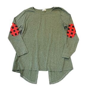 Pullover Sweater Button Back Elbow Patches Buff Plaid Red Green Long Sleeves XL